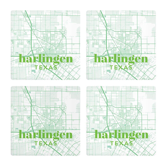 Bright Modern Green Map Texas Harlingen | Absorbent Coasters | Set of 4 | Min 2