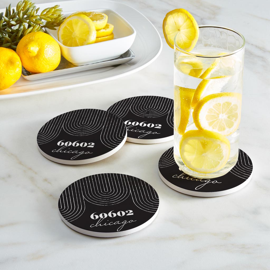 Black And White City Zip On Black Illinois Chicago | Absorbent Coasters | Set of 4 | Min 2