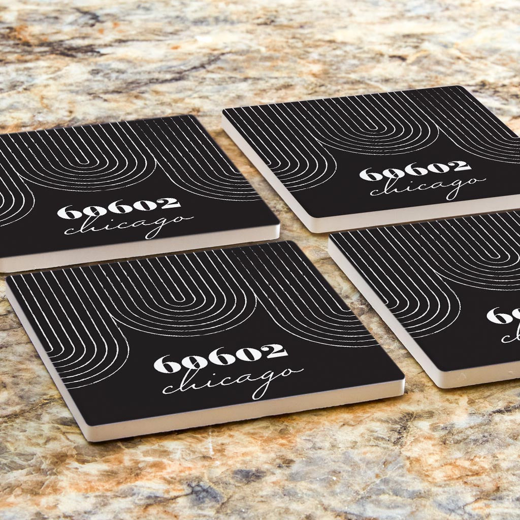 Black And White City Zip On Black Illinois Chicago | Absorbent Coasters | Set of 4 | Min 2