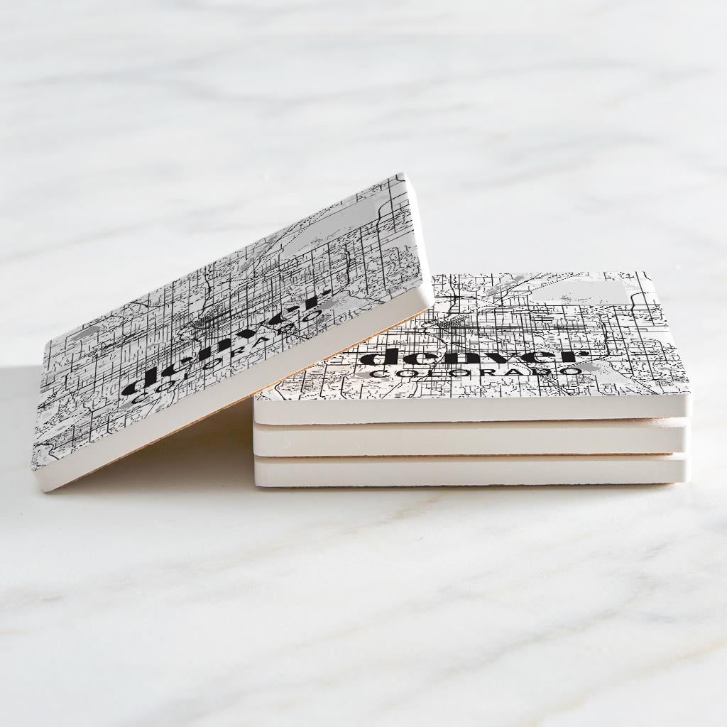 Black And White White Map Colorado Denver| Absorbent Coasters | Set of 4 | Min 2