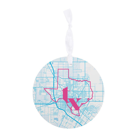 Bright Modern Abbreviated State Map Blue Texas Harlingen| Wood Ornament | Eaches | Min 6