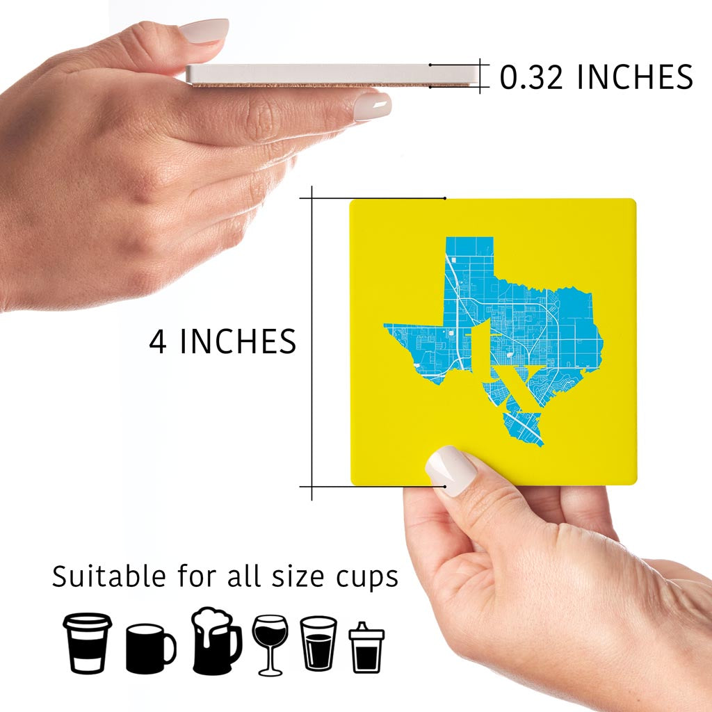 Bright Modern Abbreviated State Yellow Texas Harlingen | Absorbent Coasters | Set of 4 | Min 2