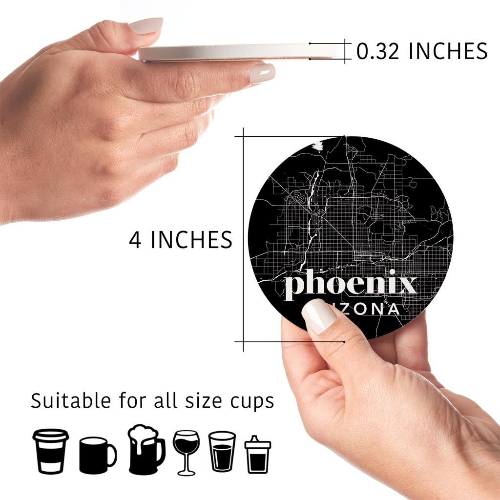 Black And White Black Map Arizona Phoenix | Absorbent Coasters | Set of 4 | Min 2