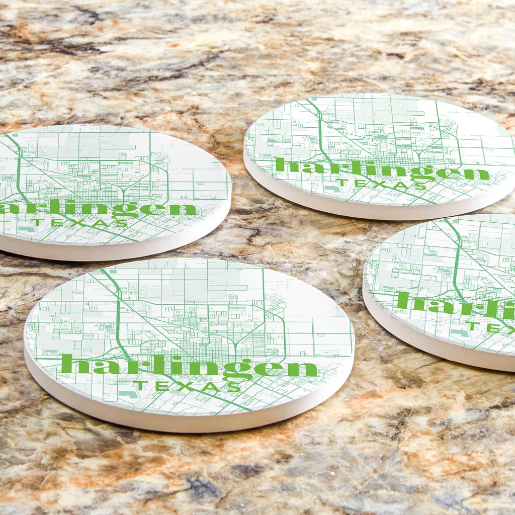 Bright Modern Green Map Texas Harlingen | Absorbent Coasters | Set of 4 | Min 2