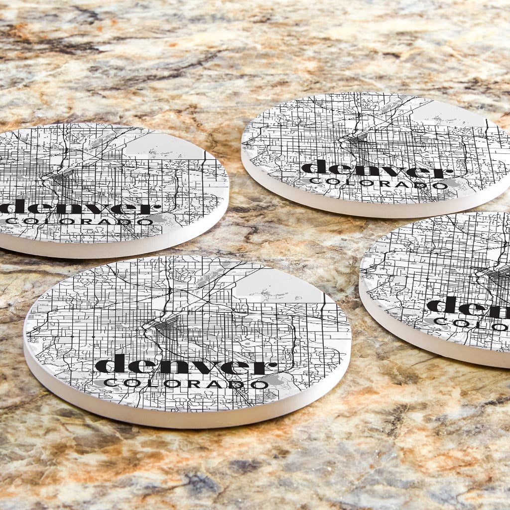 Black And White White Map Colorado Denver | Absorbent Coasters | Set of 4 | Min 2