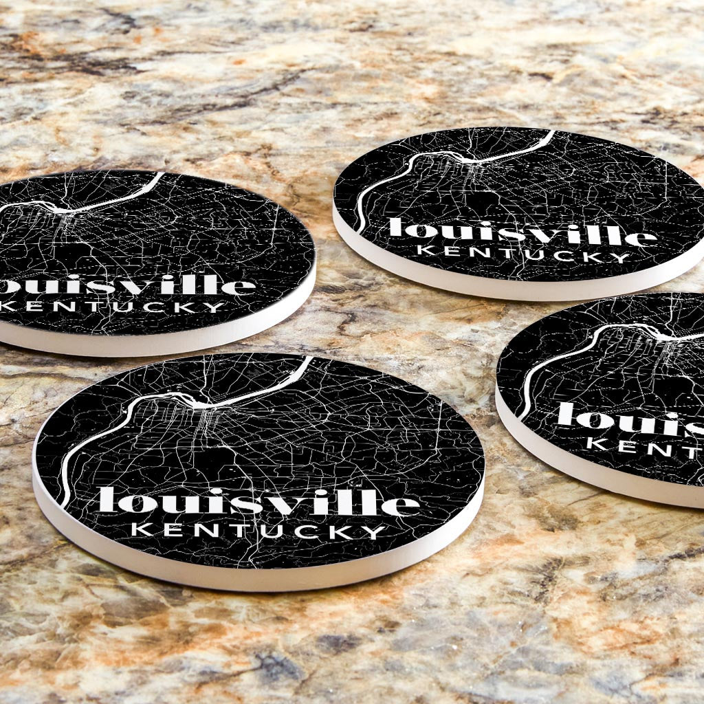 Black And White Black Map Kentucky Louisville| Absorbent Coasters | Set of 4 | Min 2