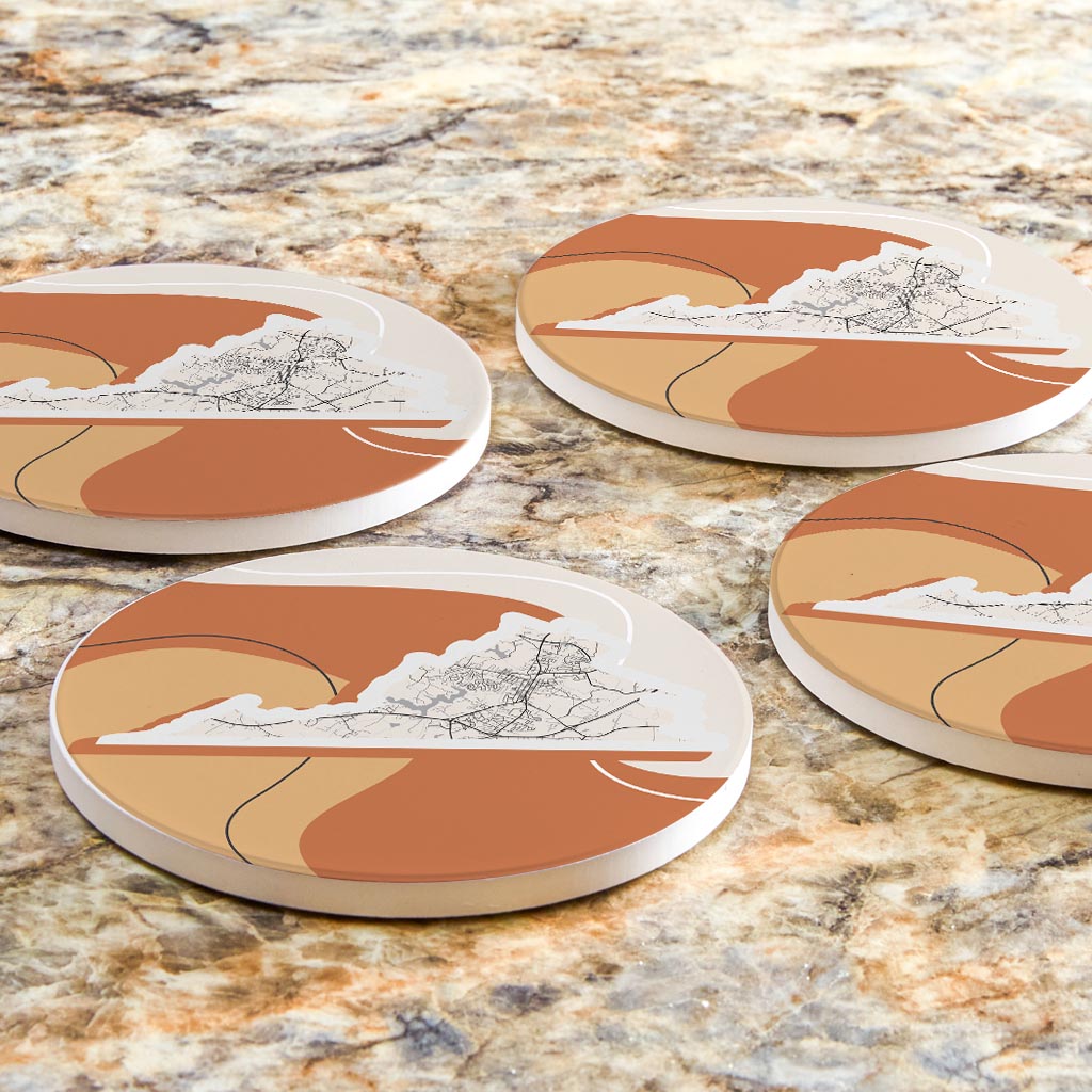 Vintage Groove Fluid Orange Map Virginia Culpeper| Absorbent Coasters | Set of 4 | Min 2