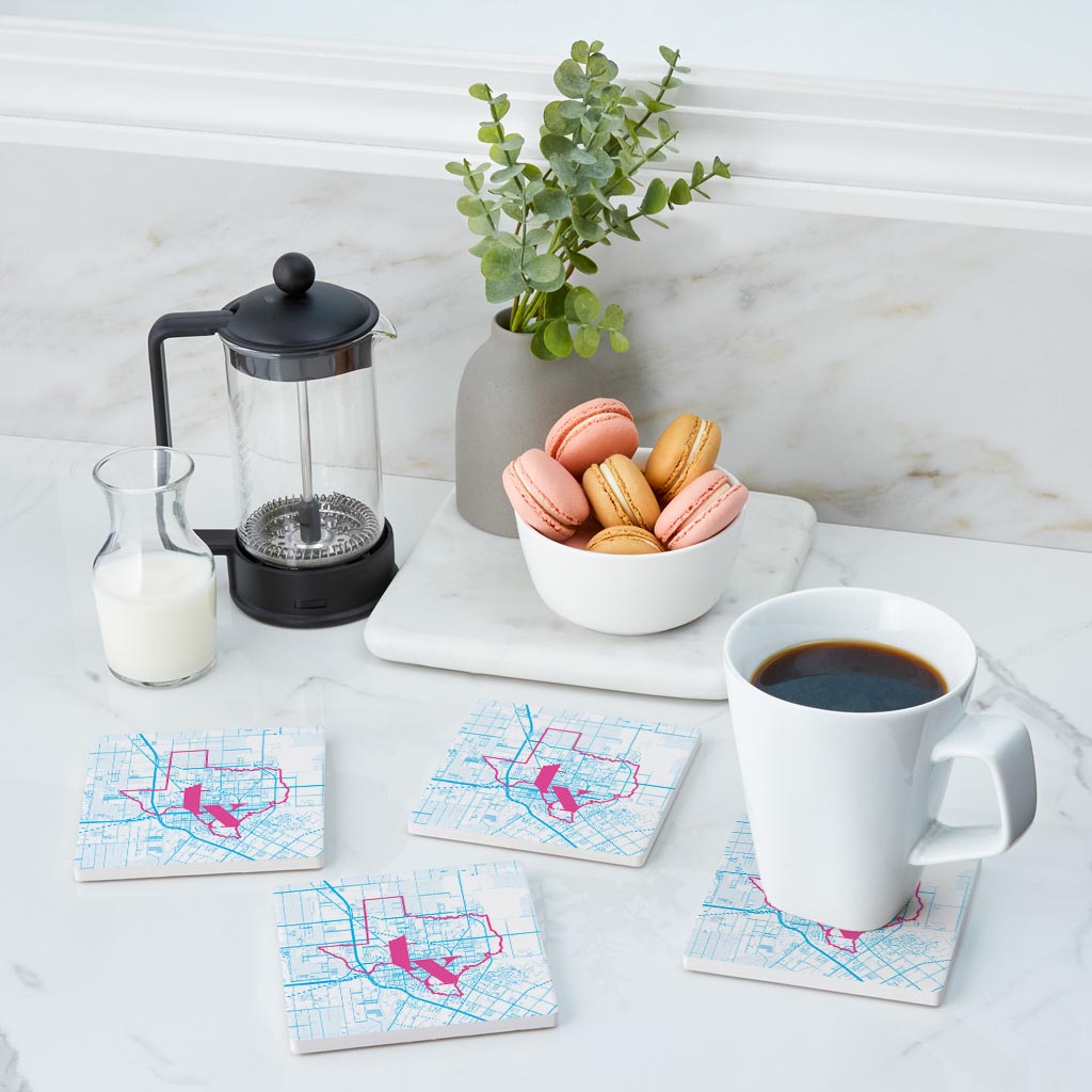 Bright Modern Abbreviated State Map Blue Texas Harlingen | Absorbent Coasters | Set of 4 | Min 2