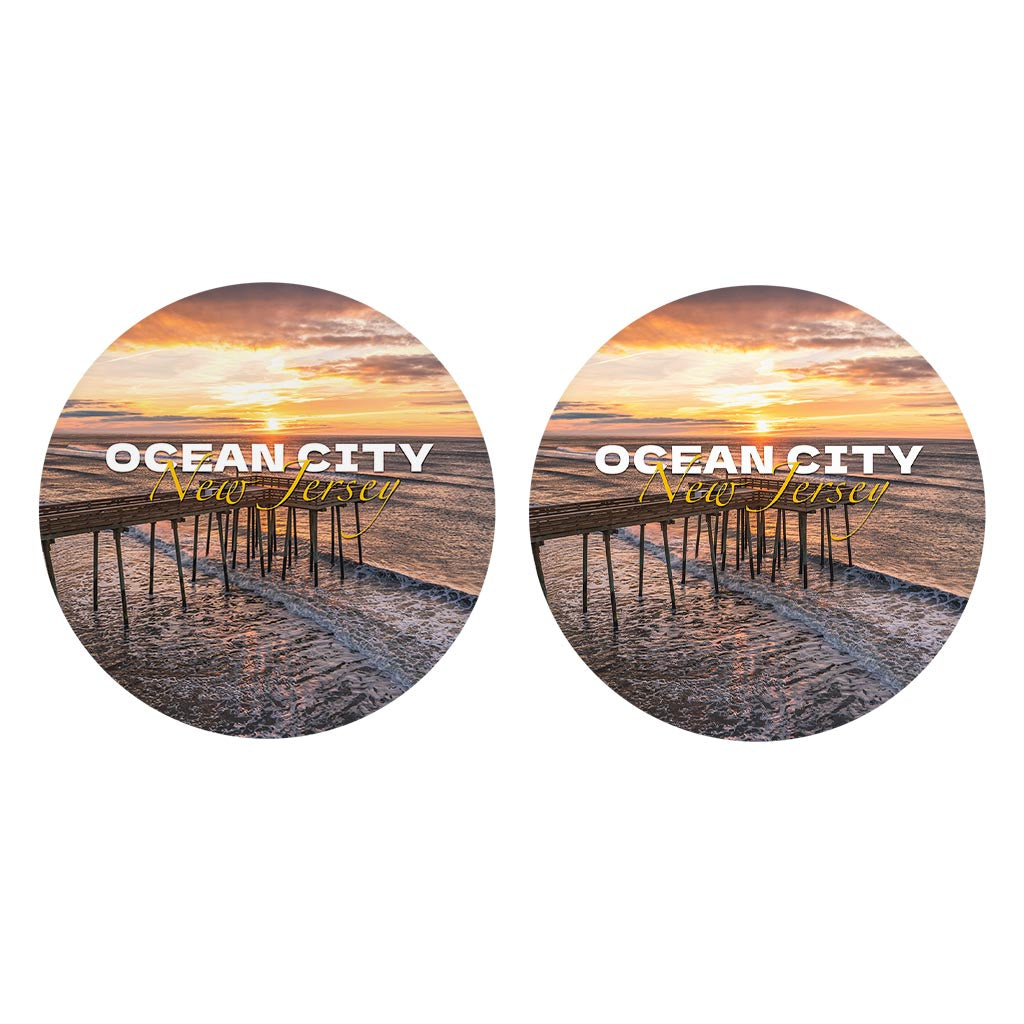 Fishing Pier Sunrise Car Coaster| Absorbent Car Coasters | Set of 2 | Min 4