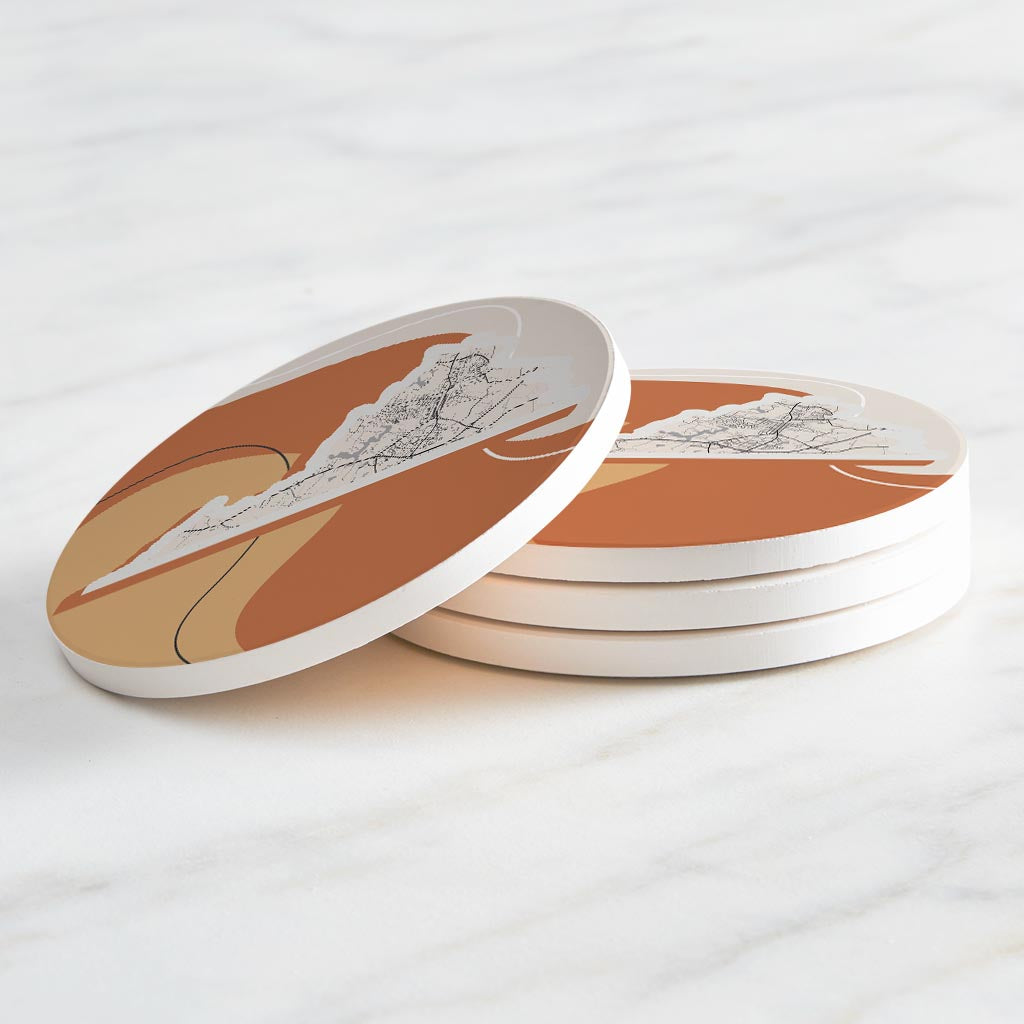 Vintage Groove Fluid Orange Map Virginia Culpeper| Absorbent Coasters | Set of 4 | Min 2