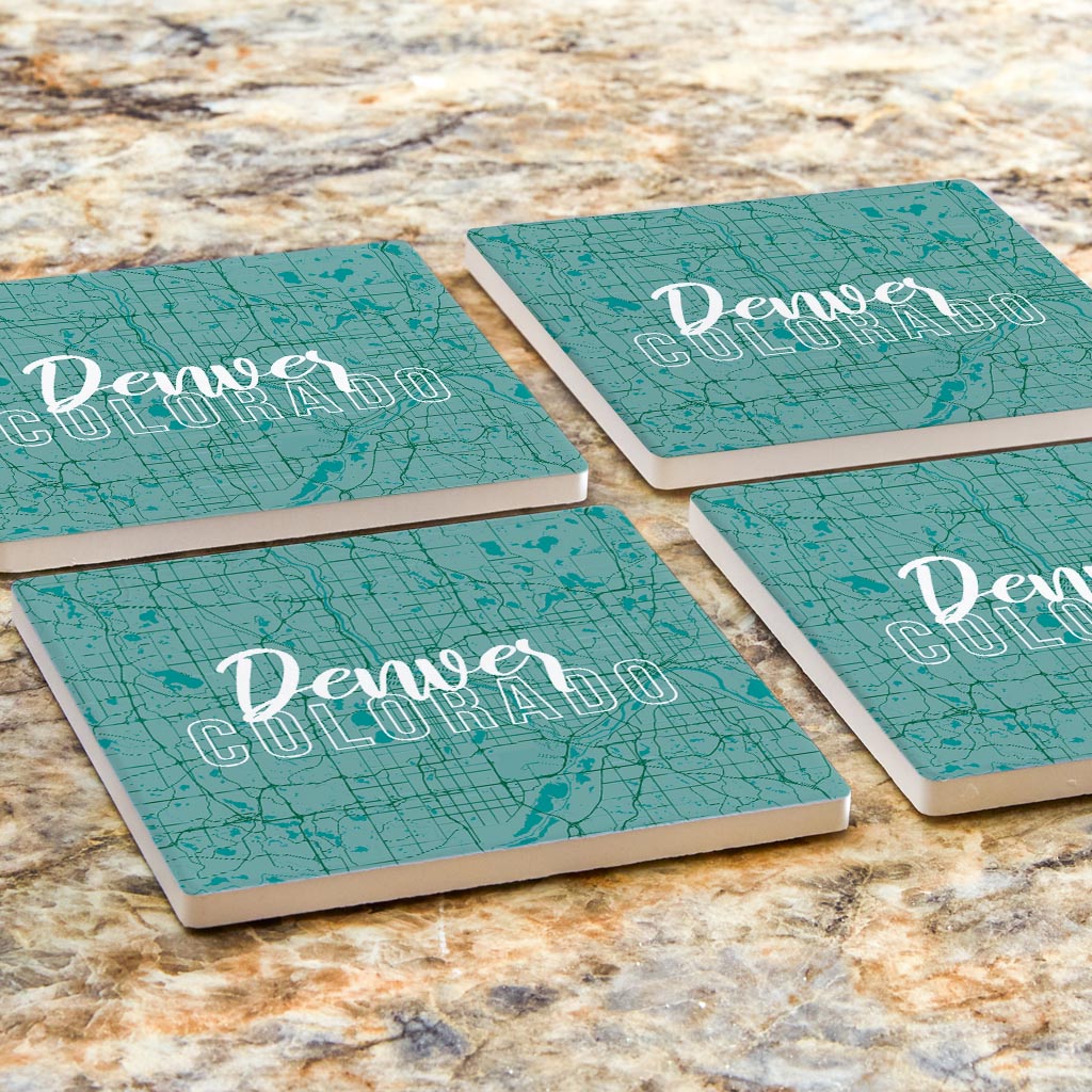 Boho Color Blue Map Colorado Denver| Absorbent Coasters | Set of 4 | Min 2