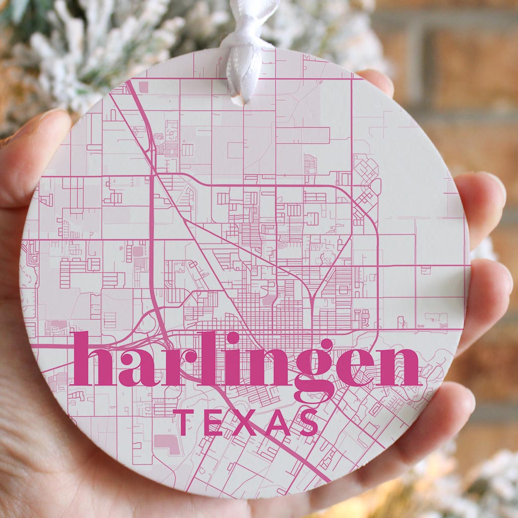 Bright Modern Pink Map Texas Harlingen| Wood Ornament | Eaches | Min 6