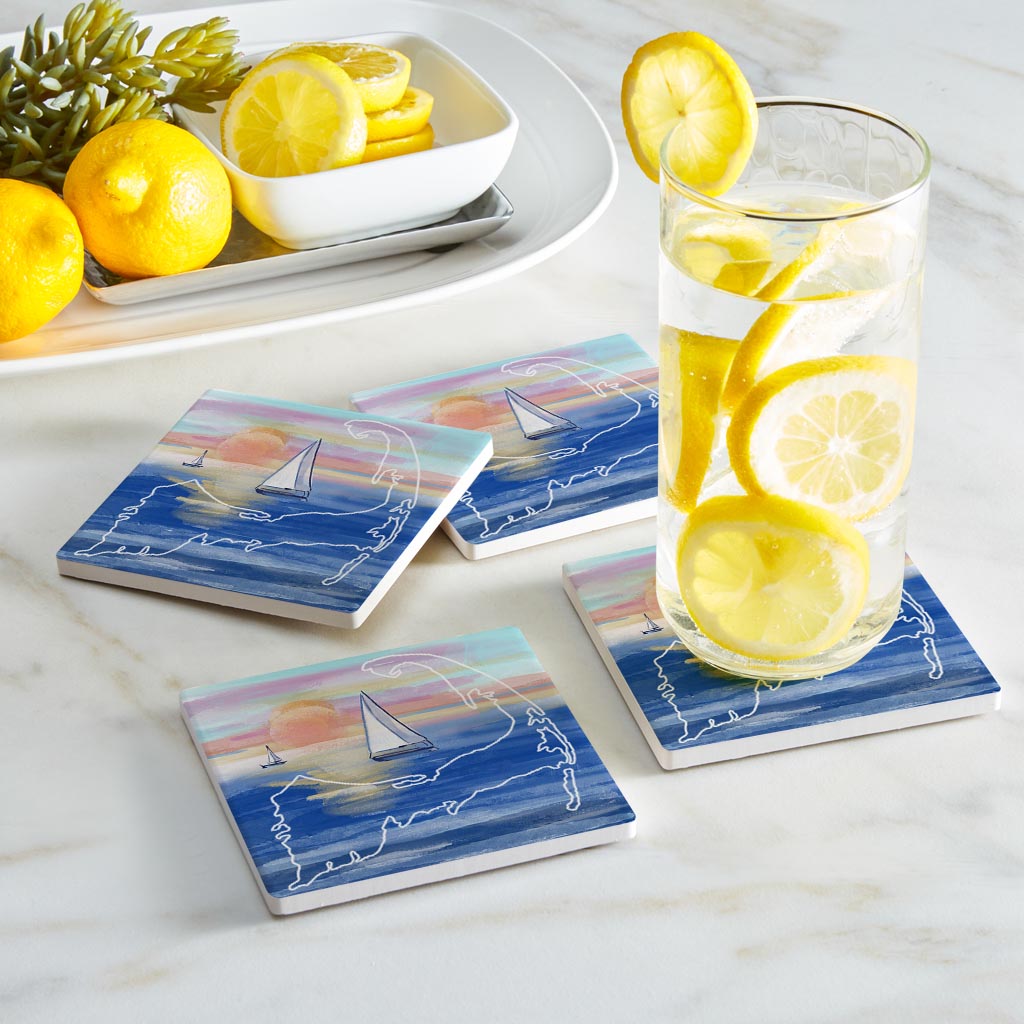 Watercolor Sunset With Sailboats | Absorbent Coasters | Set of 4 | Min 2