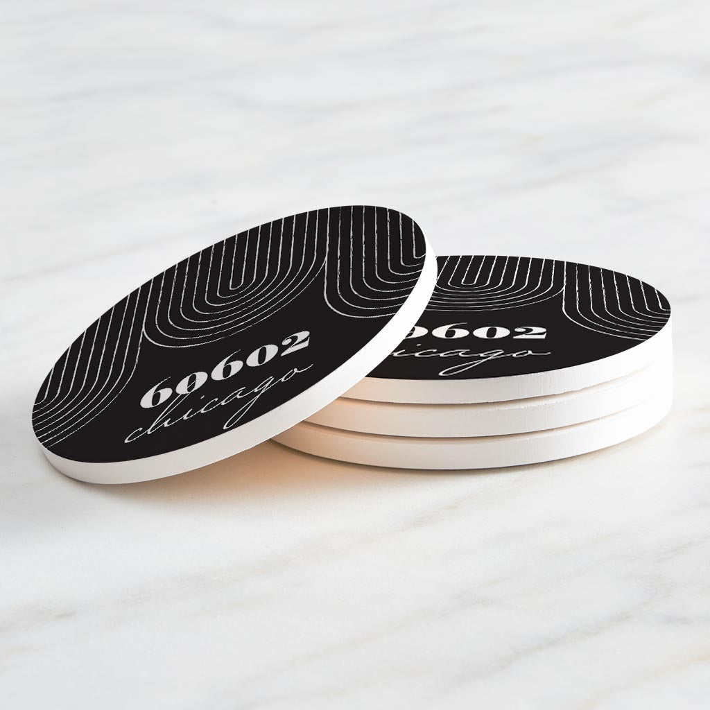 Black And White City Zip On Black Illinois Chicago | Absorbent Coasters | Set of 4 | Min 2