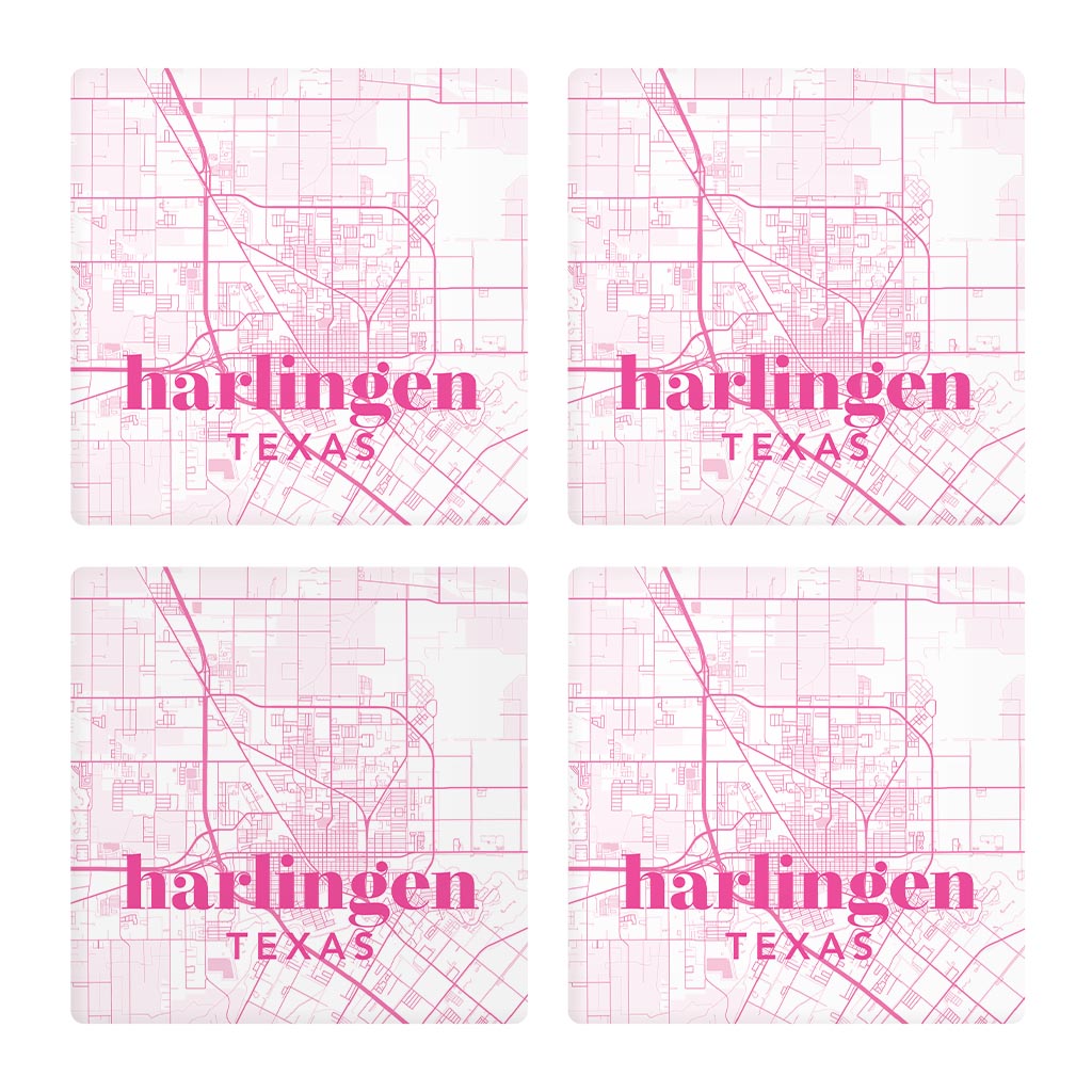 Bright Modern Pink Map Texas Harlingen | Absorbent Coasters | Set of 4 | Min 2