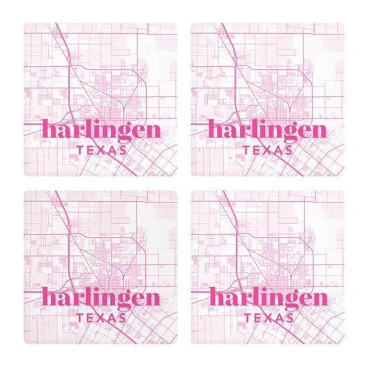 Bright Modern Pink Map Texas Harlingen | Absorbent Coasters | Set of 4 | Min 2