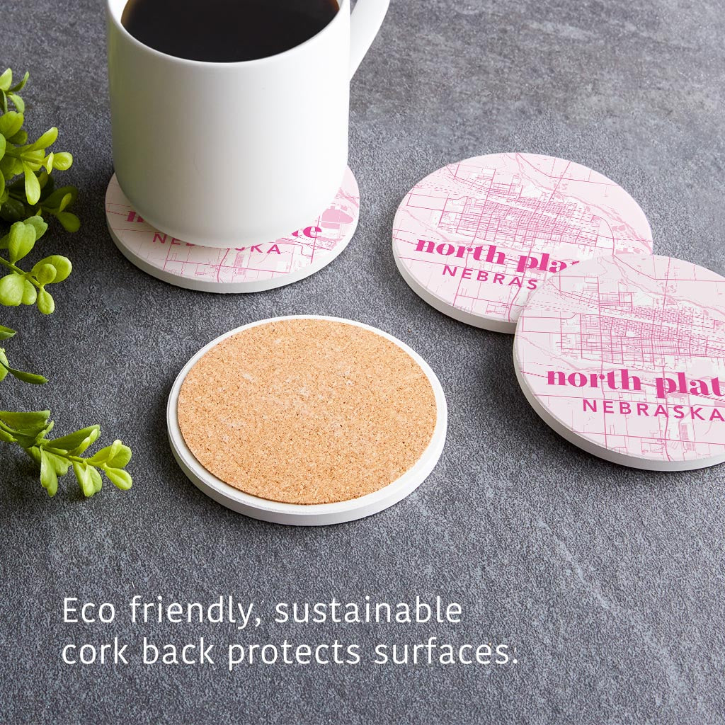 Bright Modern Pink Map Nebraska North Platte | Absorbent Coasters | Set of 4 | Min 2