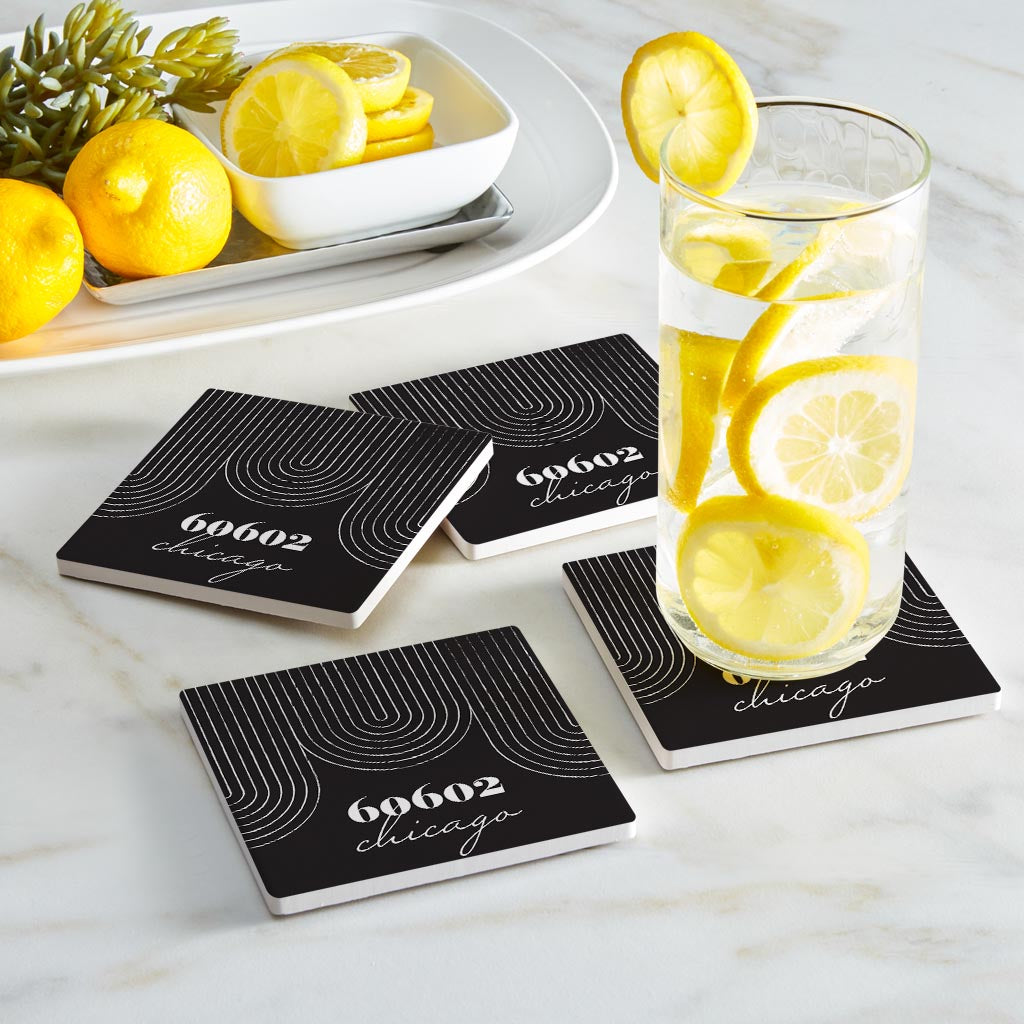 Black And White City Zip On Black Illinois Chicago | Absorbent Coasters | Set of 4 | Min 2