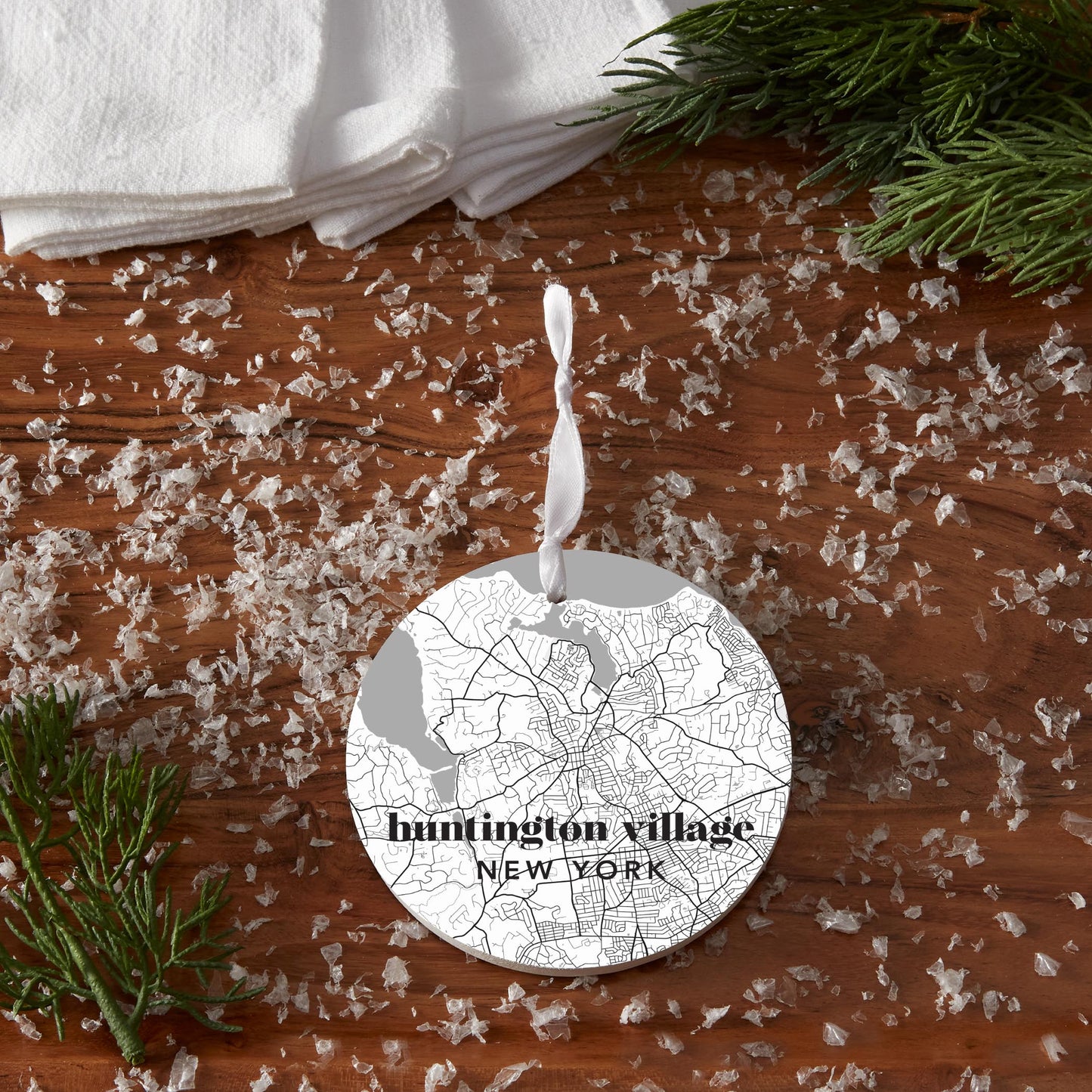 Black And White Map Huntington Village Ny| Wood Ornament | Eaches | Min 6