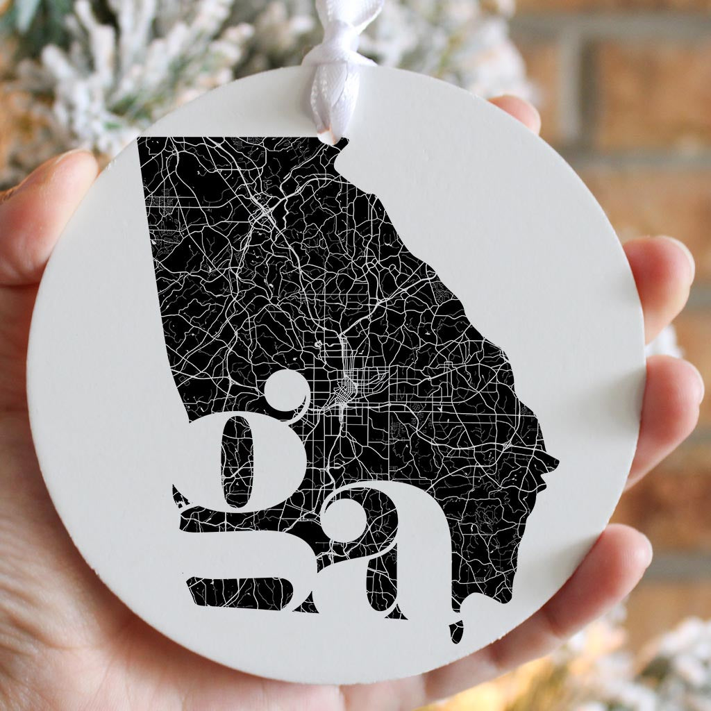 Black And White Abbreviated State Map White Georgia| Wood Ornament | Eaches | Min 6