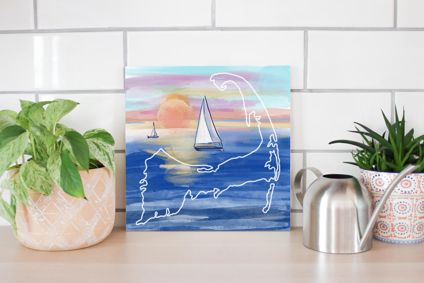 Watercolor Sunset With Sailboats | Wood Sign | Eaches | Min 2