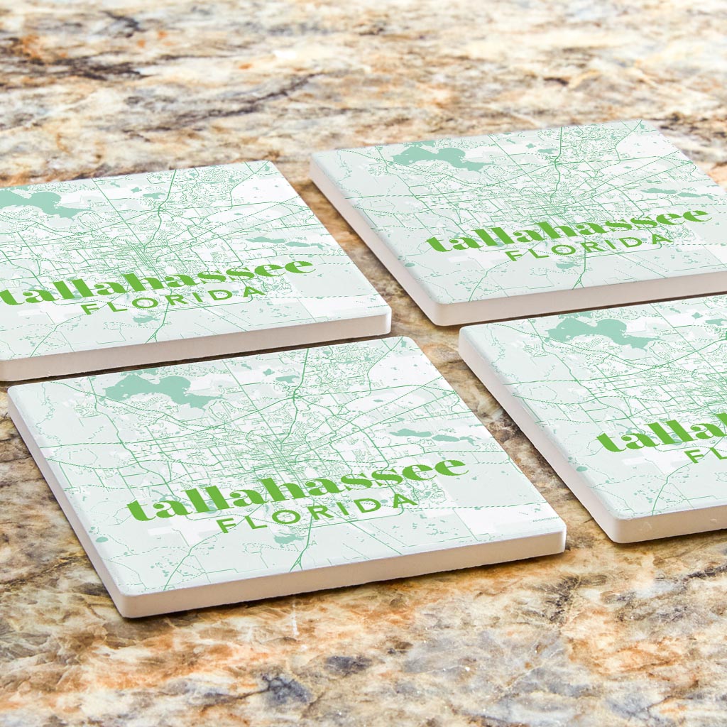 Bright Modern Green Map Florida Tallahassee | Absorbent Coasters | Set of 4 | Min 2