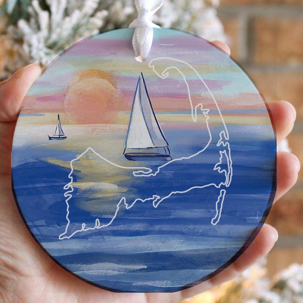 Watercolor Sunset With Sailboats | Wood Ornament | Eaches | Min 6