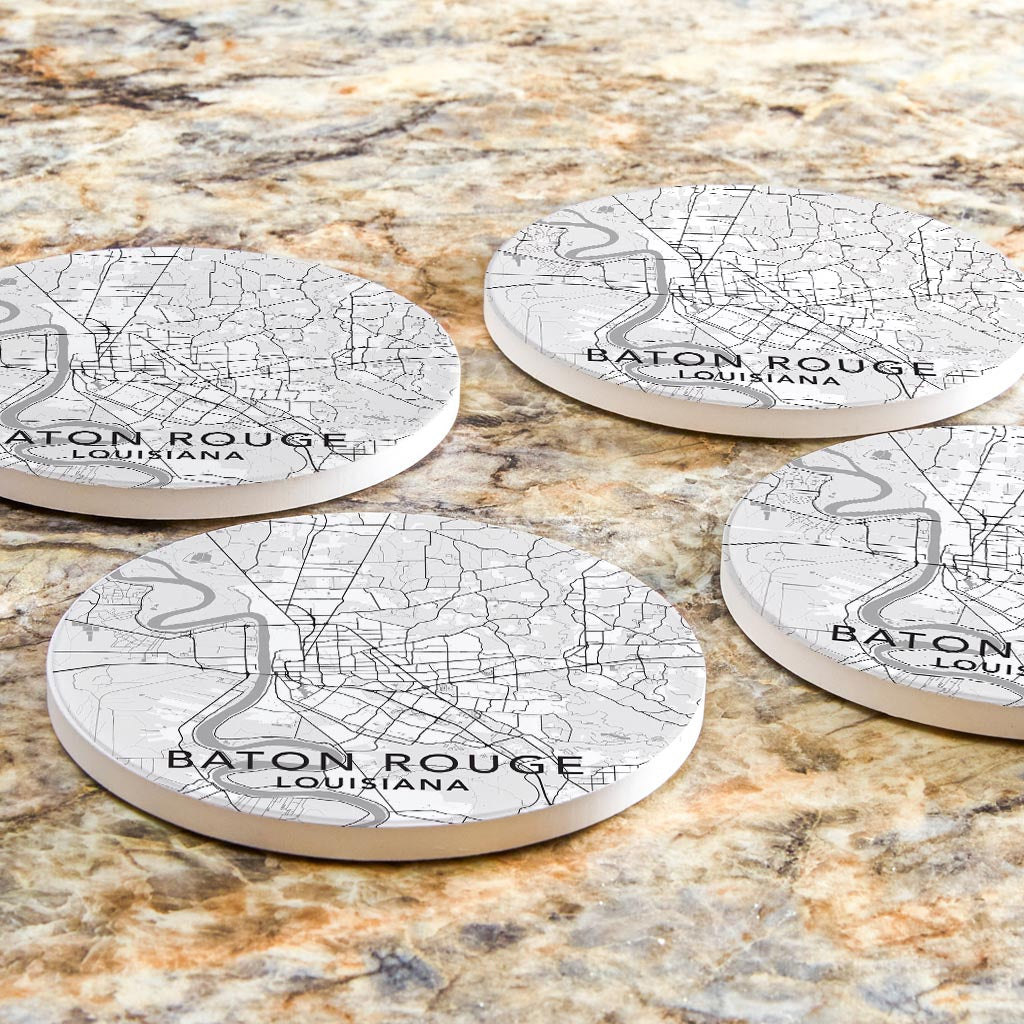 Minimalistic Baton Rouge White Map | Absorbent Coasters | Set of 4 | Min 2