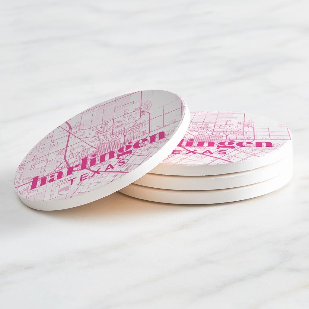 Bright Modern Pink Map Texas Harlingen | Absorbent Coasters | Set of 4 | Min 2