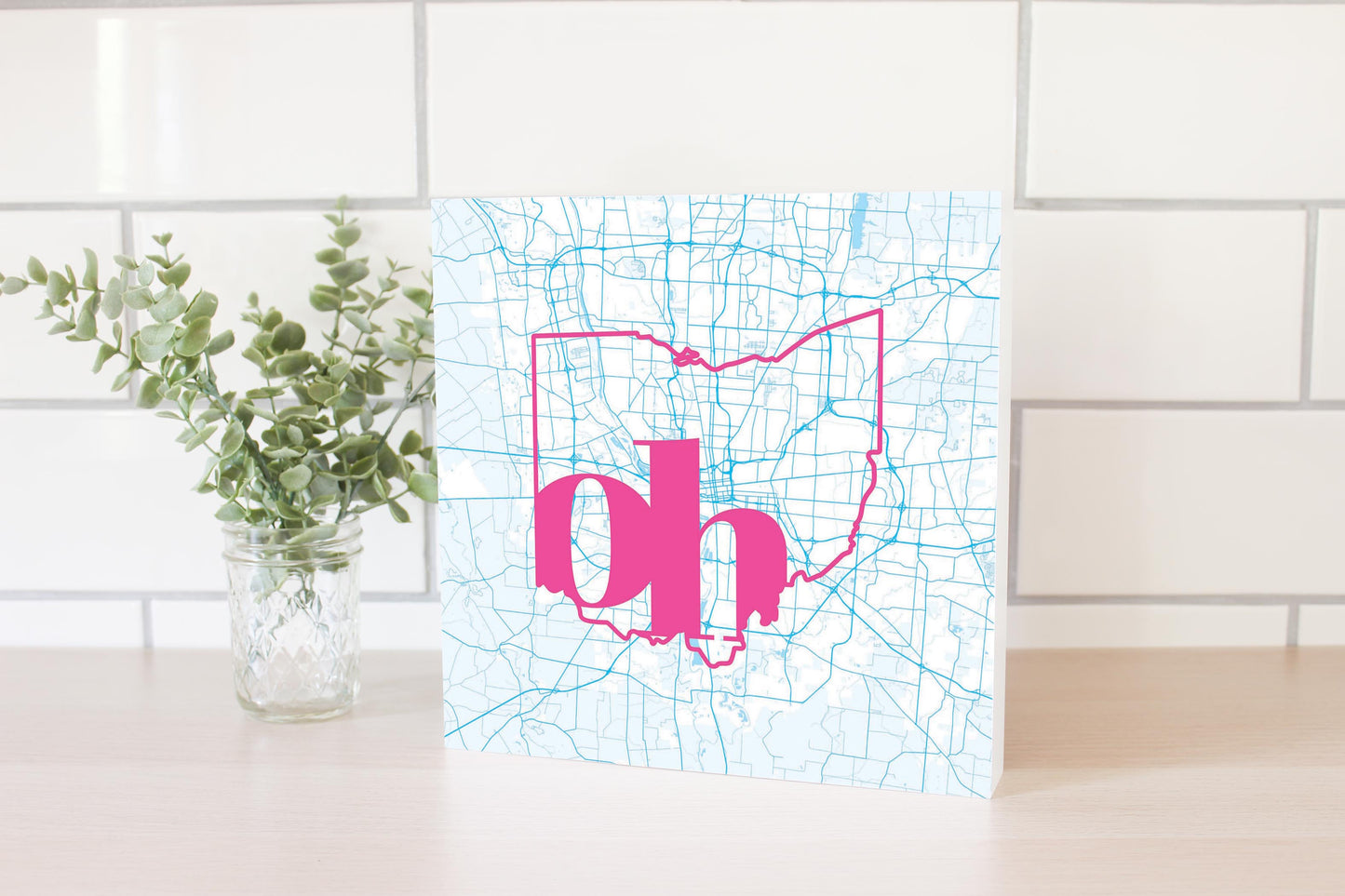 Bright Modern Abbreviated State Map Blue Ohio Columbus | Wood Block | Eaches | Min 2