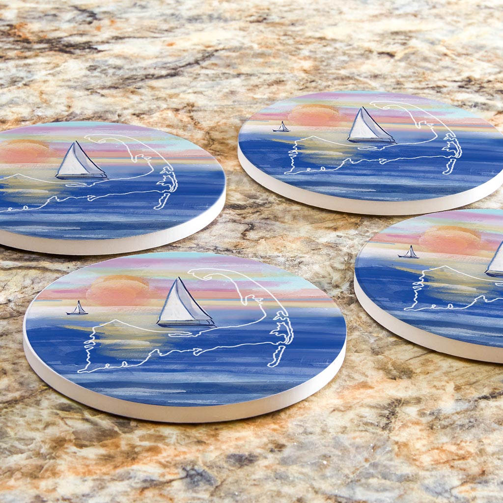 Watercolor Sunset With Sailboats | Absorbent Coasters | Set of 4 | Min 2