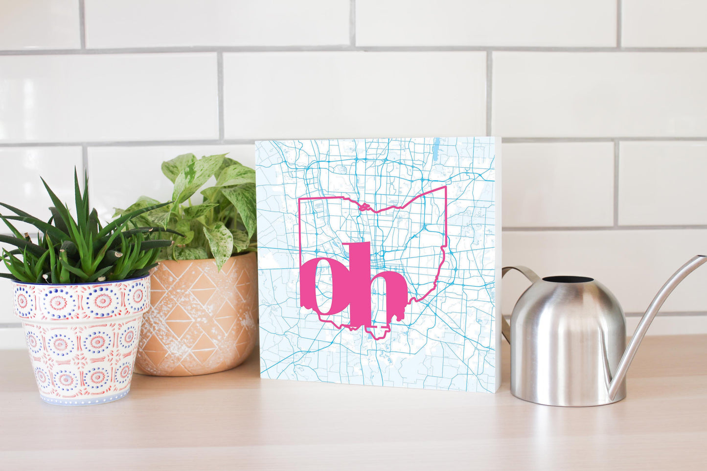 Bright Modern Abbreviated State Map Blue Ohio Columbus | Wood Block | Eaches | Min 2