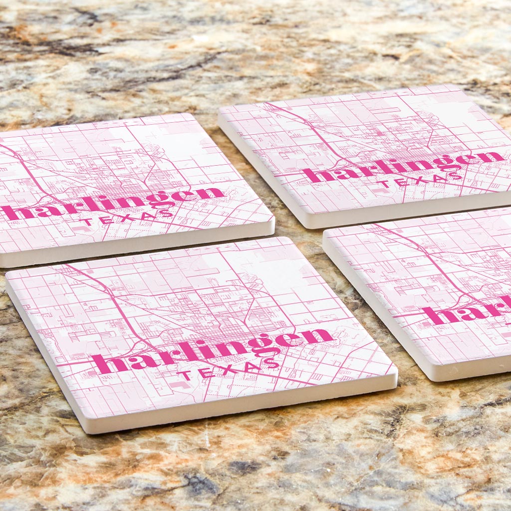 Bright Modern Pink Map Texas Harlingen | Absorbent Coasters | Set of 4 | Min 2