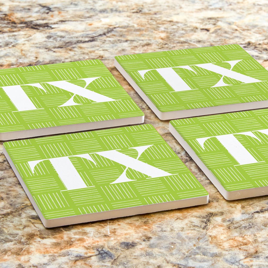 Bright Modern Abbreviated On Green Texas | Absorbent Coasters | Set of 4 | Min 2