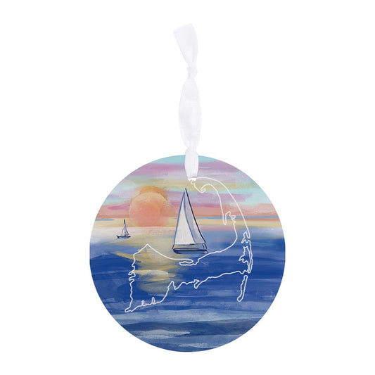 Watercolor Sunset With Sailboats | Wood Ornament | Eaches | Min 6