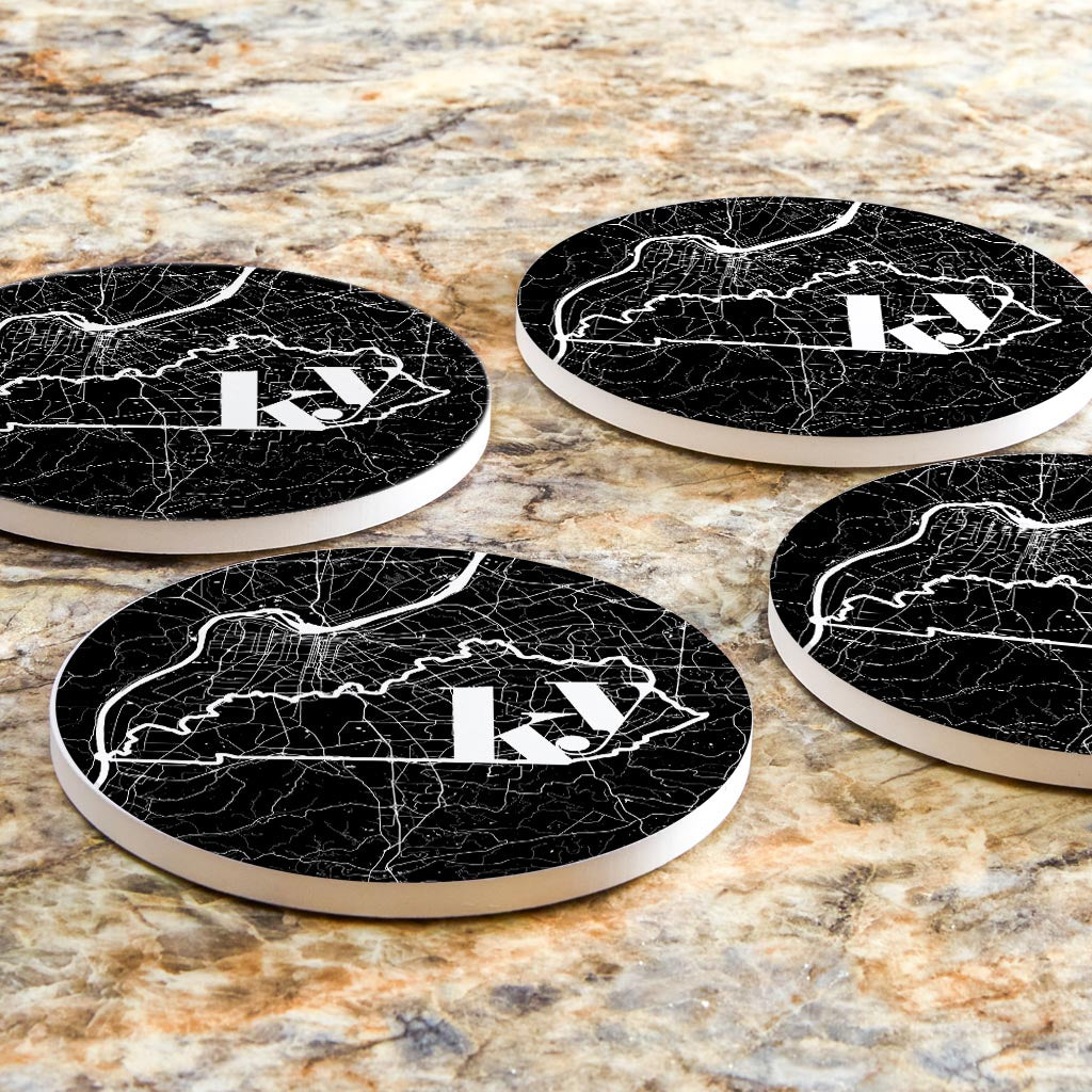 Black And White Abbreviated State Map Black Kentucky Louisville| Absorbent Coasters | Set of 4 | Min 2