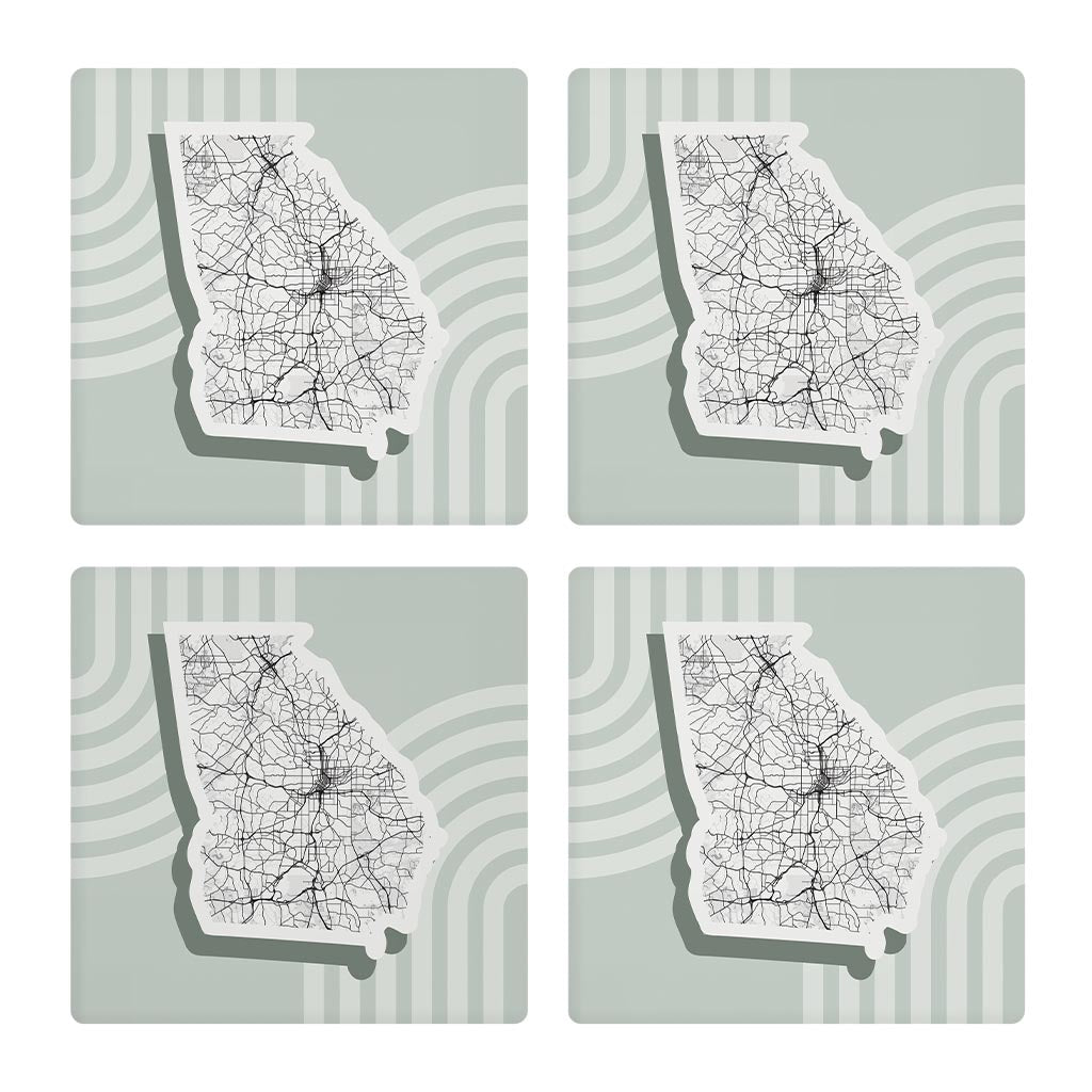 Vintage Groove Light Green Lines Map Georgia Atlanta | Absorbent Coasters | Set of 4 | Min 2