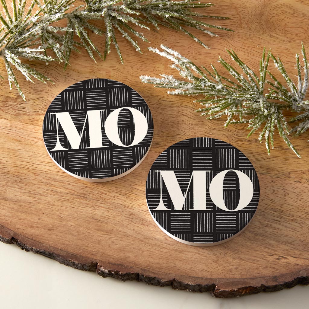 Black And White Abbreviated On Black Missouri | Absorbent Car Coasters | Set of 2 | Min 4