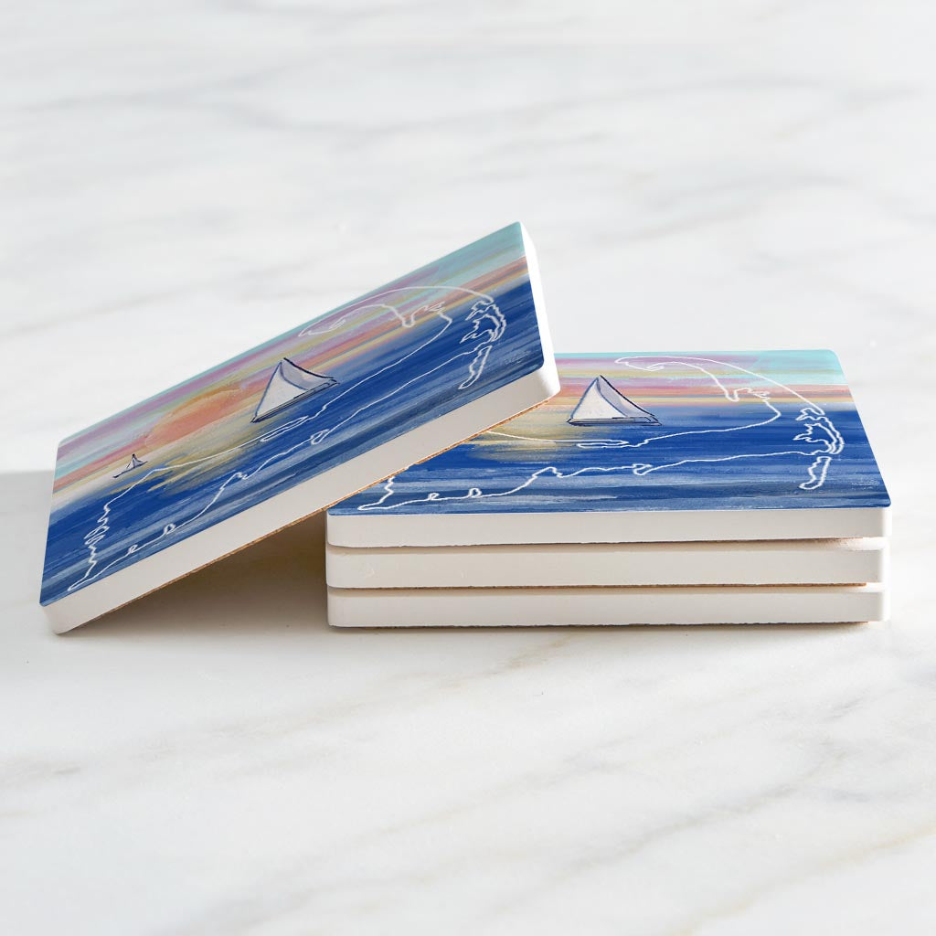 Watercolor Sunset With Sailboats | Absorbent Coasters | Set of 4 | Min 2