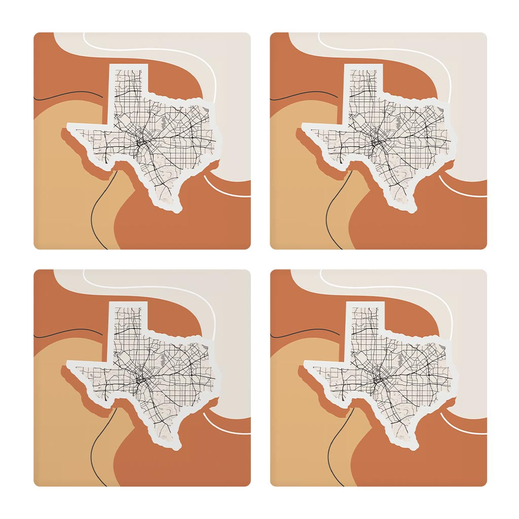 Vintage Groove Fluid Orange Map Texas Dallas | Absorbent Coasters | Set of 4 | Min 2