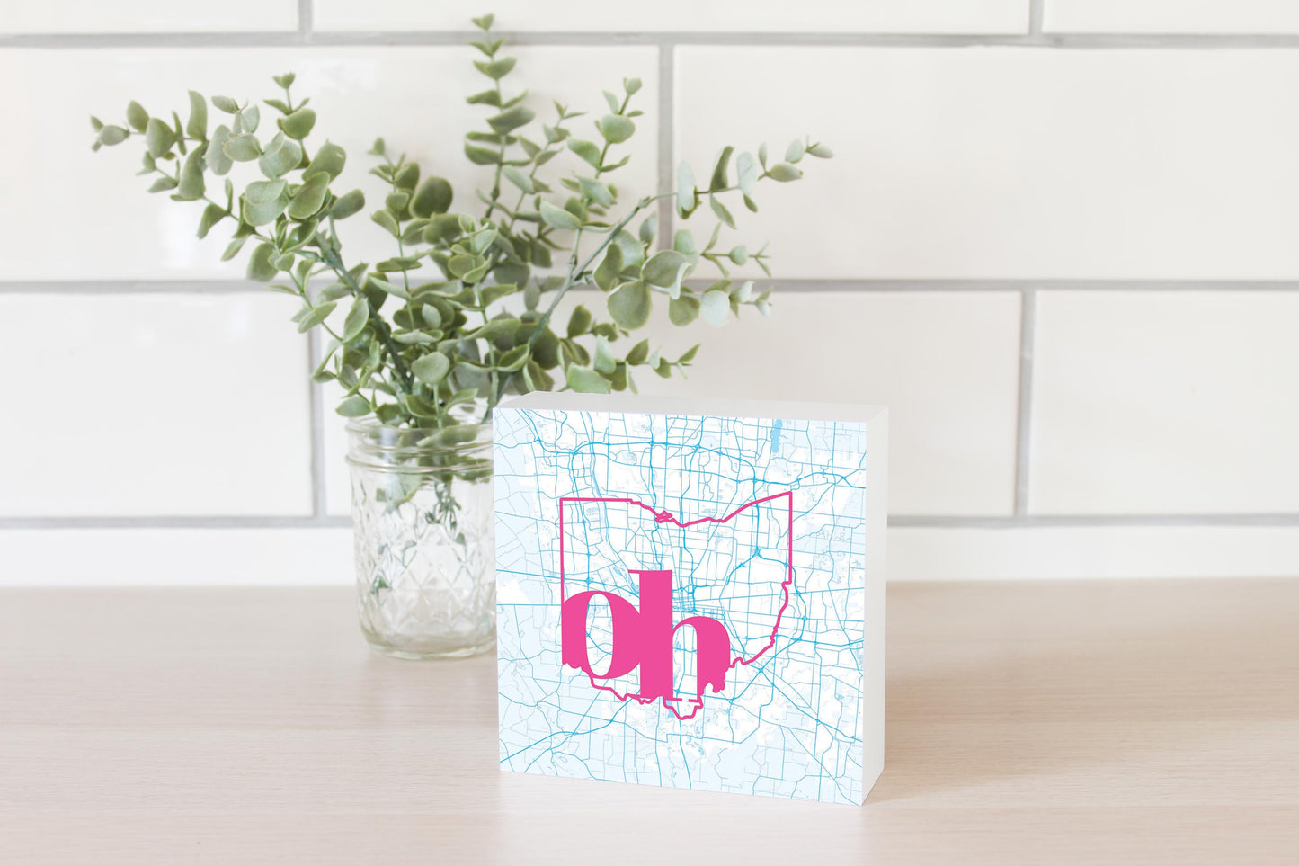 Bright Modern Abbreviated State Map Blue Ohio Columbus | Wood Block | Eaches | Min 4