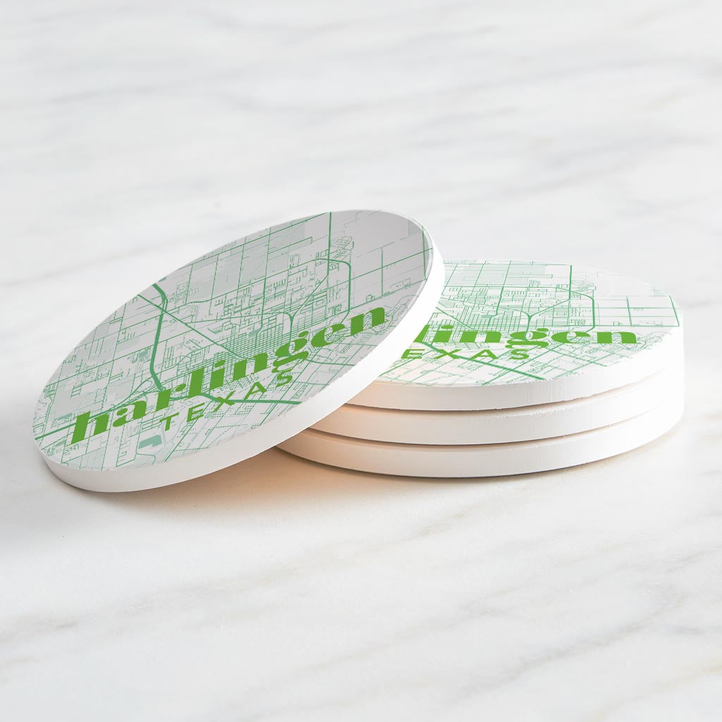 Bright Modern Green Map Texas Harlingen | Absorbent Coasters | Set of 4 | Min 2