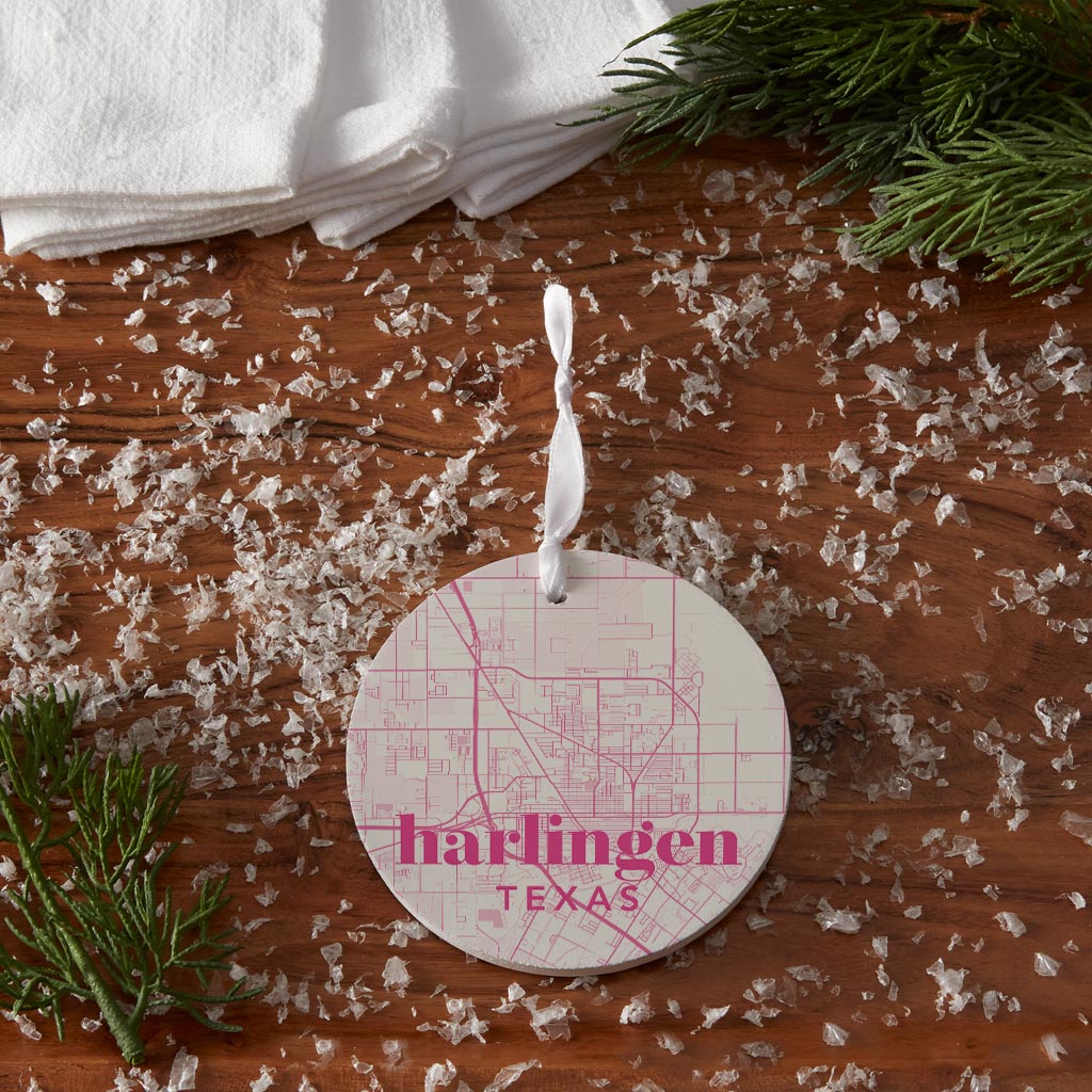 Bright Modern Pink Map Texas Harlingen| Wood Ornament | Eaches | Min 6