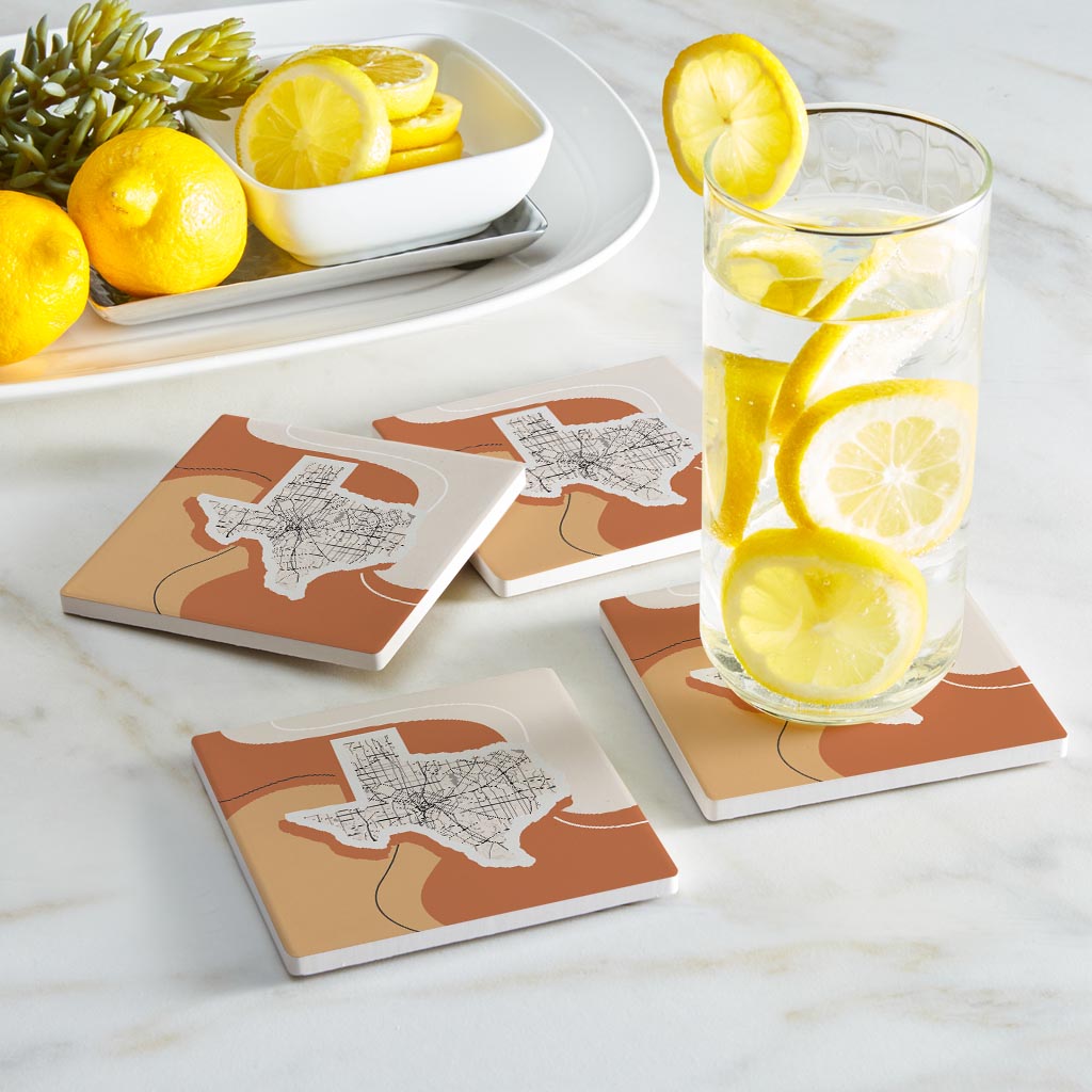 Vintage Groove Fluid Orange Map Texas Dallas | Absorbent Coasters | Set of 4 | Min 2