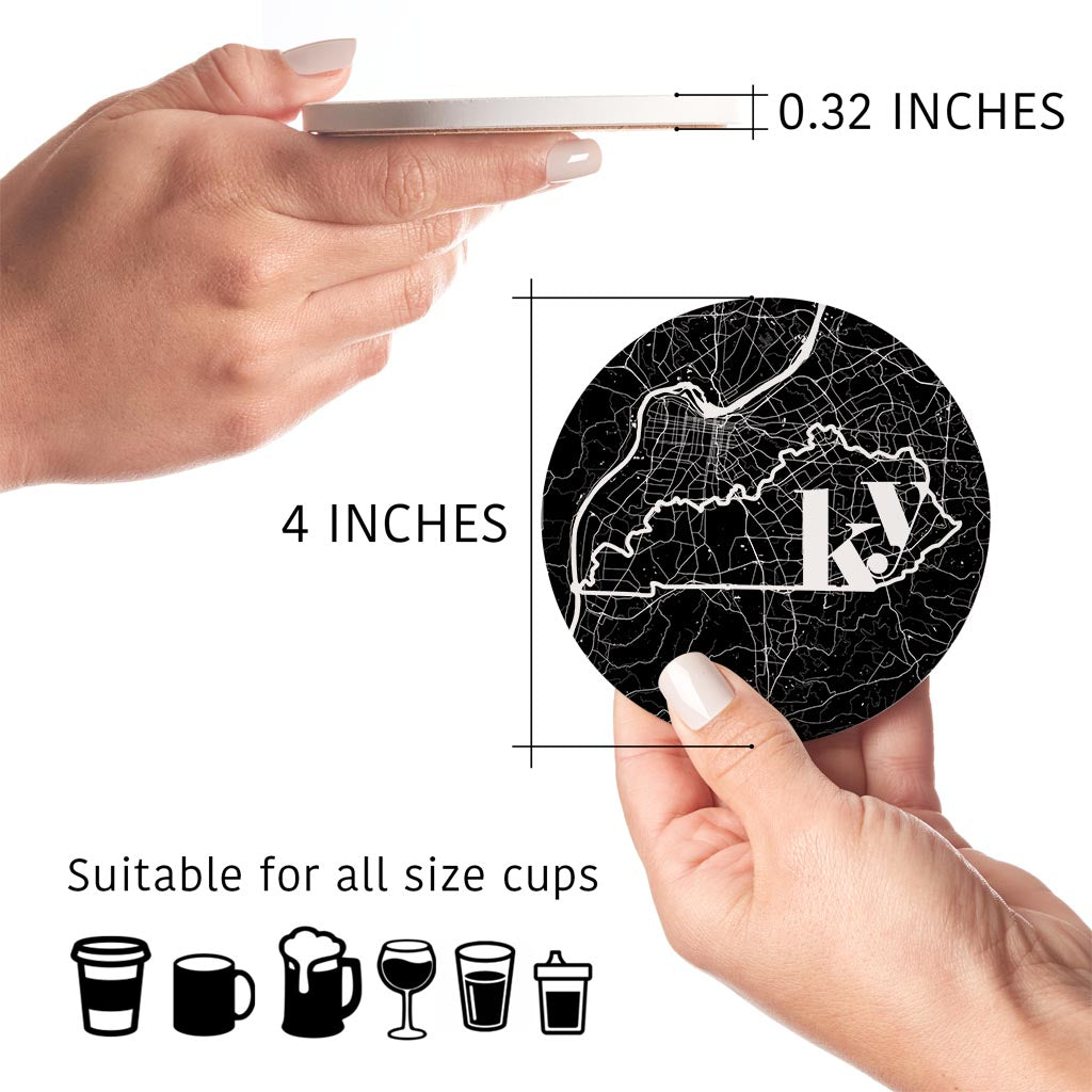 Black And White Abbreviated State Map Black Kentucky Louisville| Absorbent Coasters | Set of 4 | Min 2