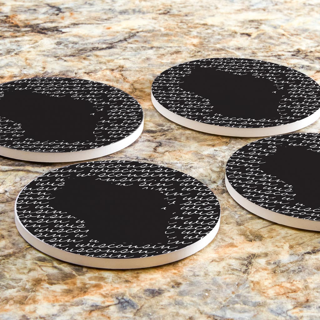 Black And White State Script Wisconsin | Absorbent Coasters | Set of 4 | Min 2