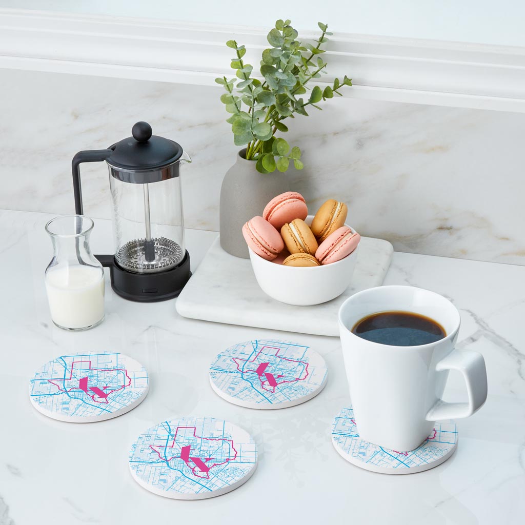 Bright Modern Abbreviated State Map Blue Texas Harlingen | Absorbent Coasters | Set of 4 | Min 2