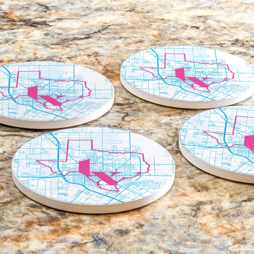 Bright Modern Abbreviated State Map Blue Texas Harlingen | Absorbent Coasters | Set of 4 | Min 2