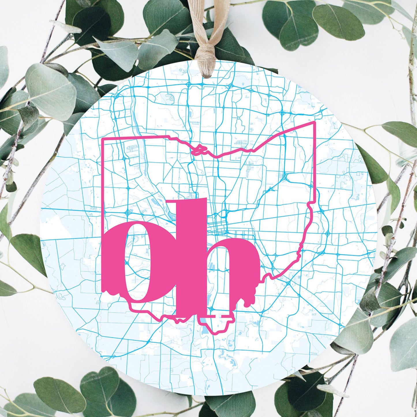 Bright Modern Abbreviated State Map Blue Ohio Columbus | Wood Ornament | Eaches | Min 1