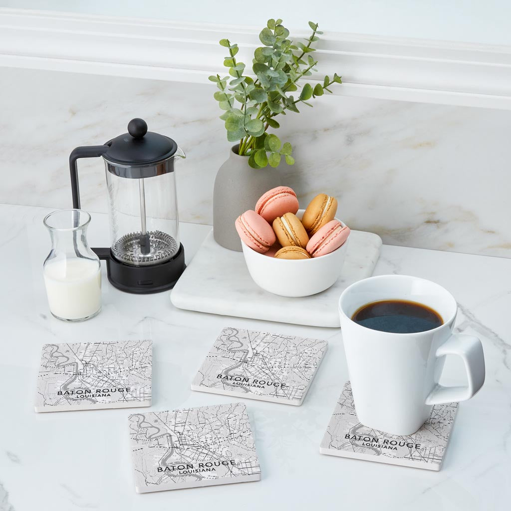 Minimalistic Baton Rouge White Map | Absorbent Coasters | Set of 4 | Min 2